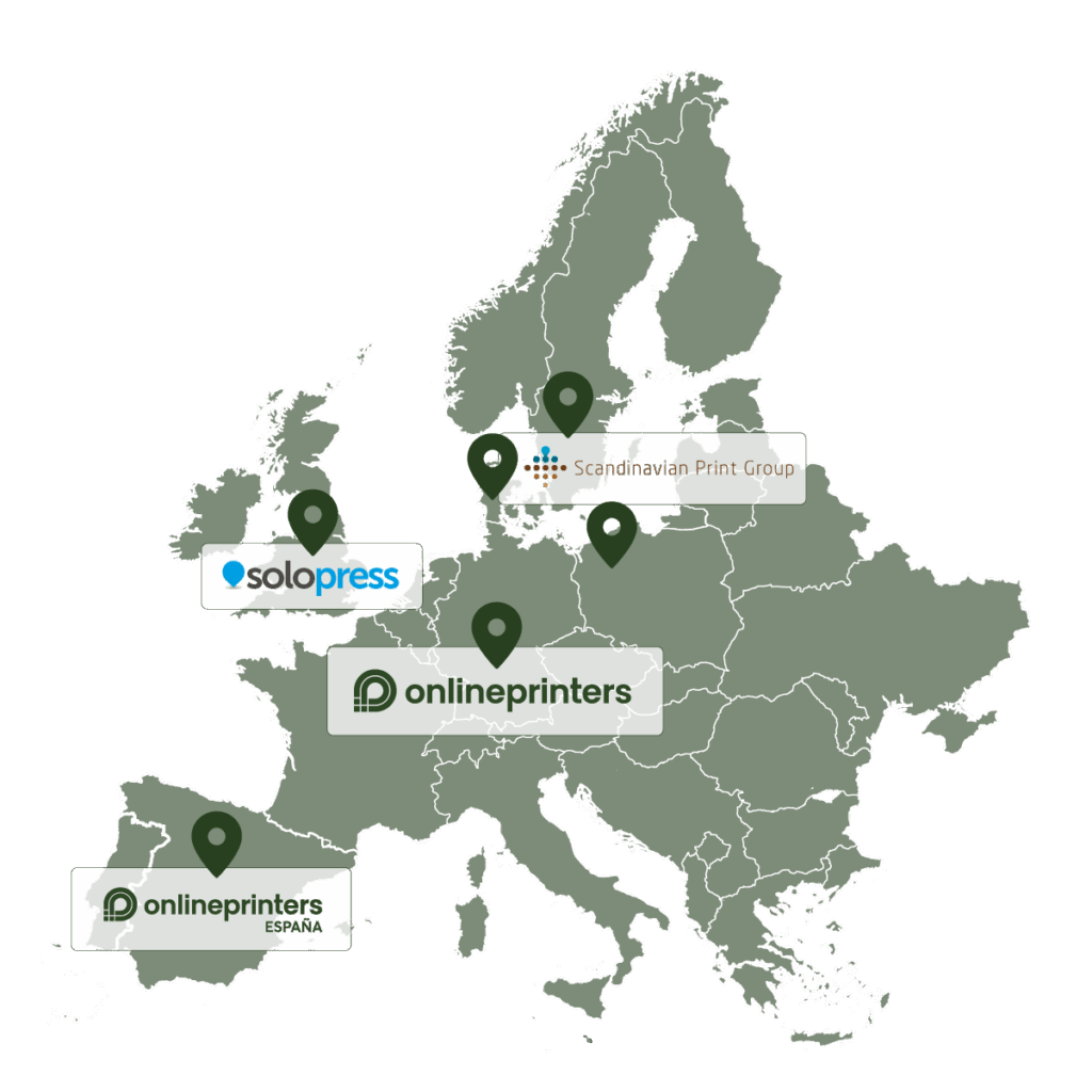 Map of Europe with the onlineprinters brand locations